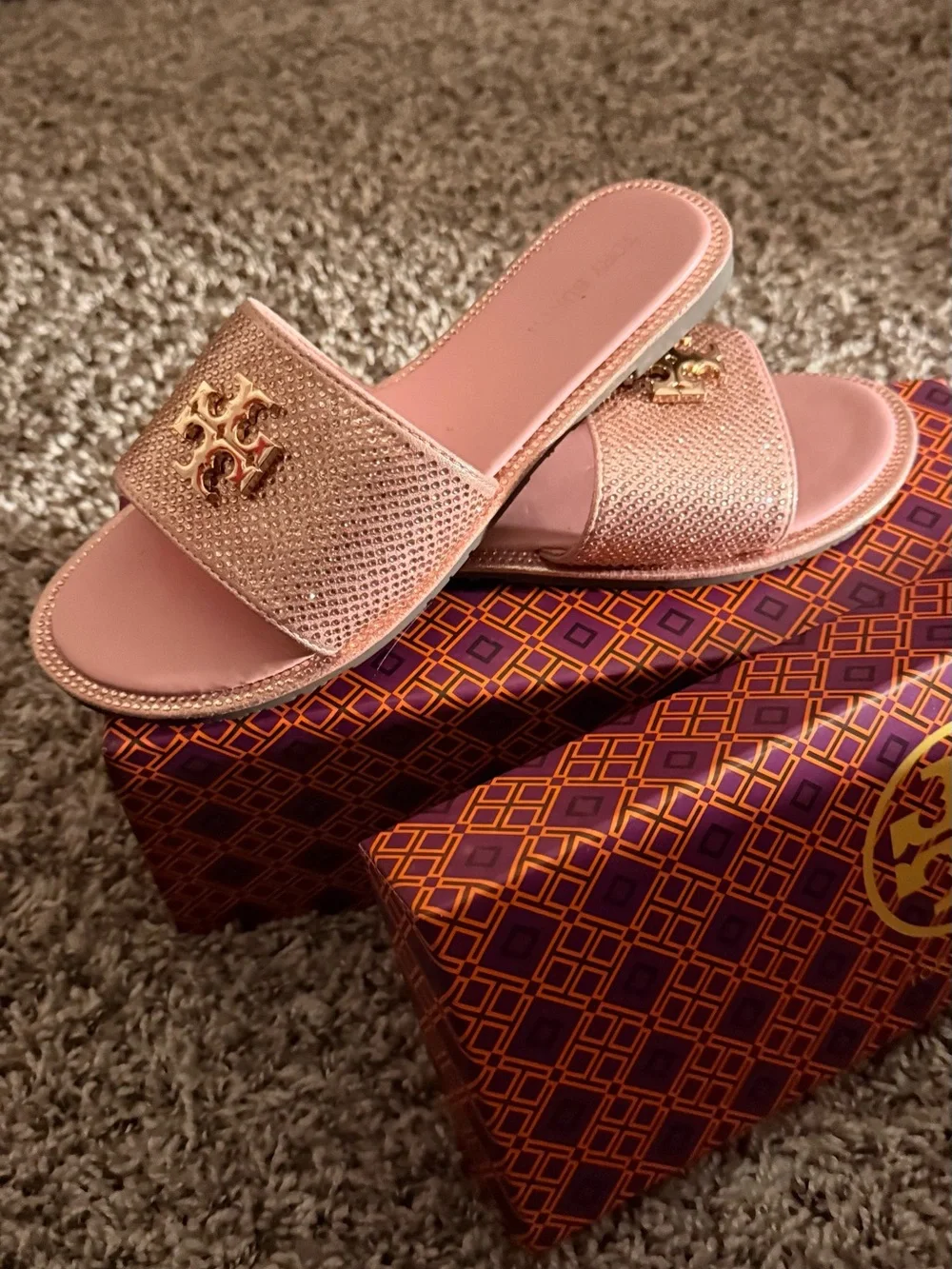 Tory Burch Metallic Rose Gold Logo Slide Sandals